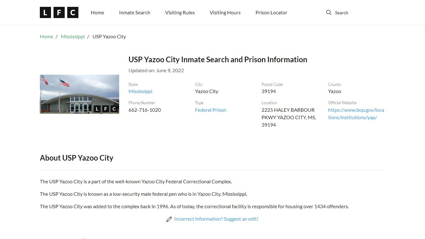 USP Yazoo City Inmate Search, Visitation, Phone no ...