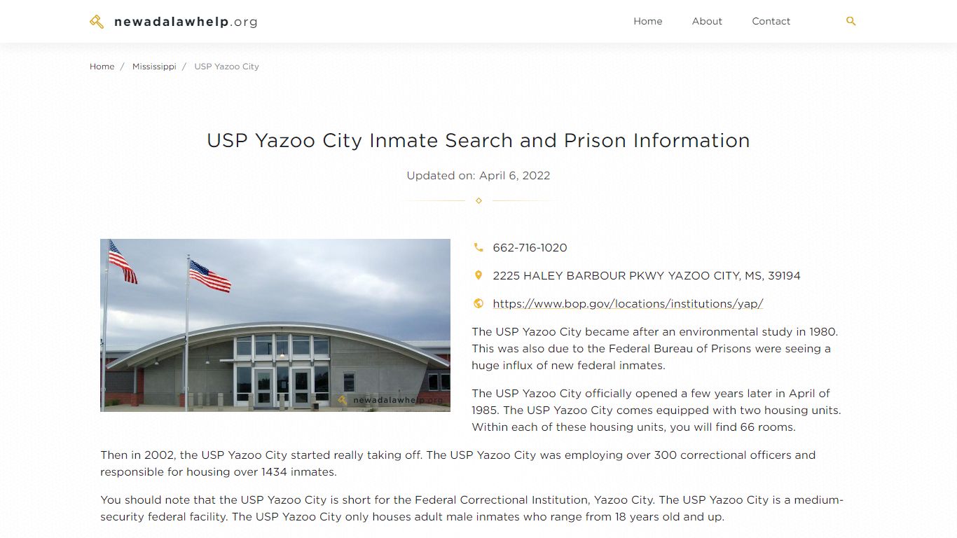 USP Yazoo City Inmate Search, Visitation, Phone no ...