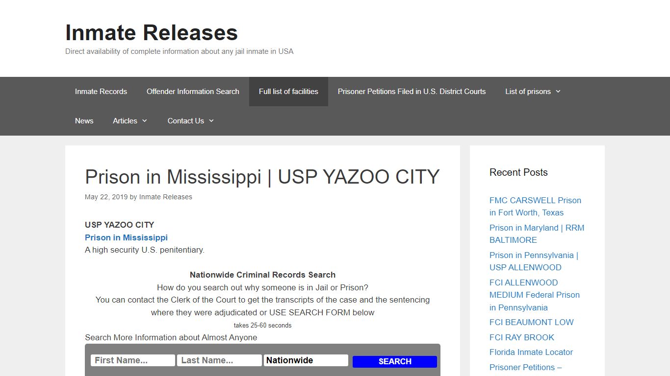 Prison in Mississippi | USP YAZOO CITY – Inmate Releases